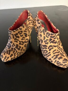 Leopard-Print Ankle Heel Booties with Red Lining